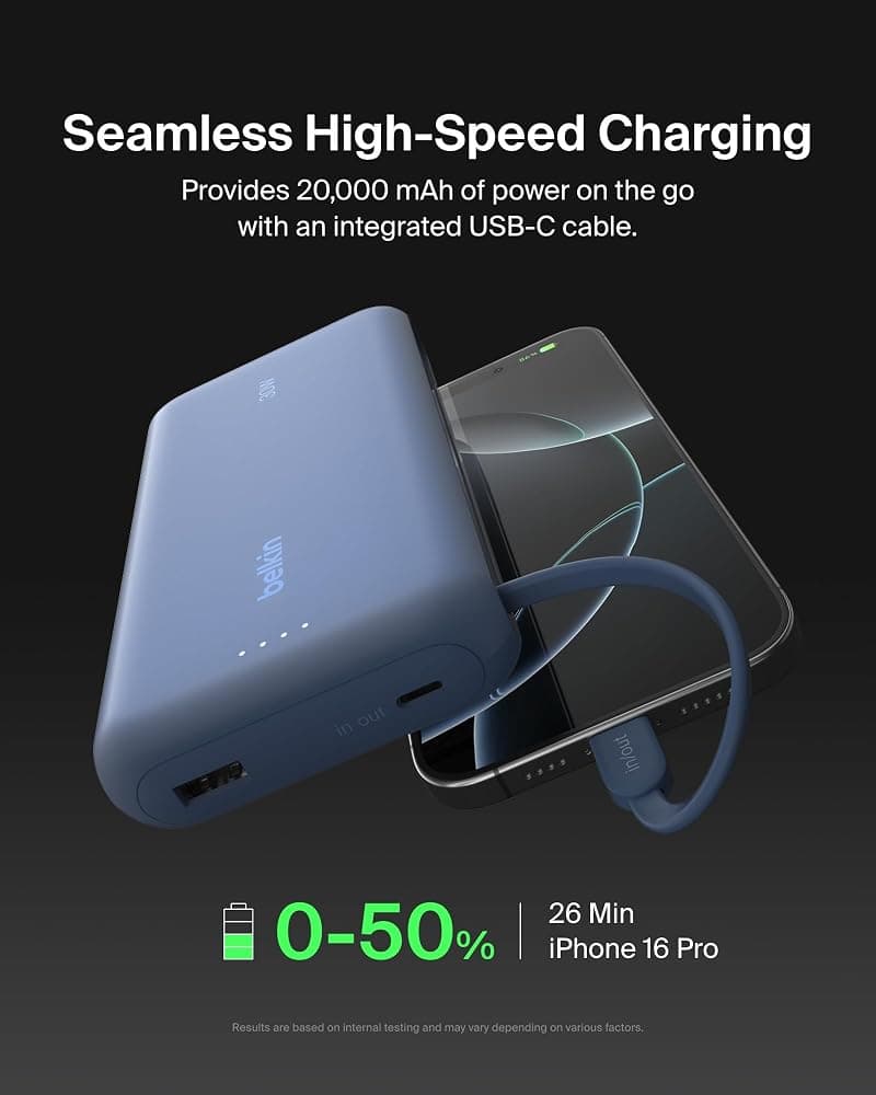 Belkin BoostCharge 20,000mAh Power Bank with Integrated USB-C Cable – 30W, 3 Devices (Blue, BPB024) thumbnail 2