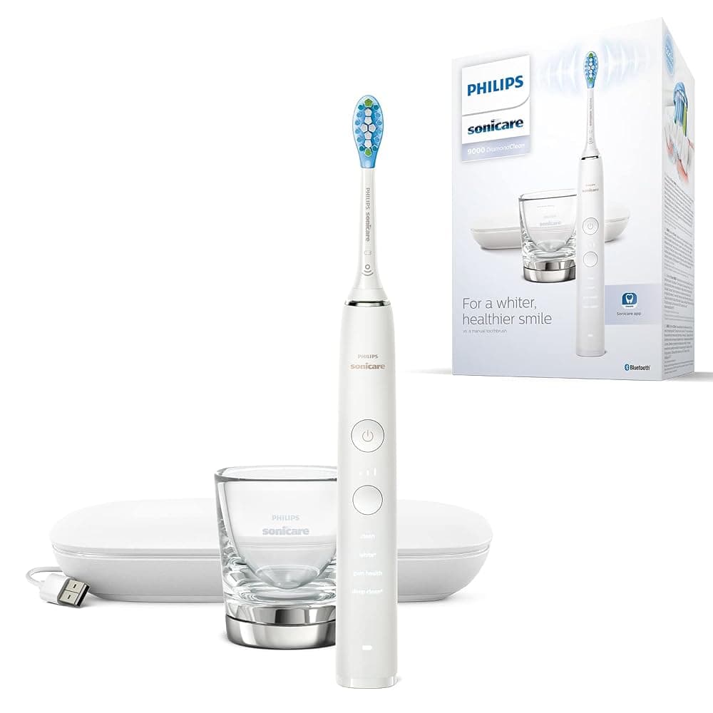 Philips Sonicare DiamondClean 9000 Sonic Electric Toothbrush with App, Pressure Sensor and Charging Glass (White, HX9911/27)