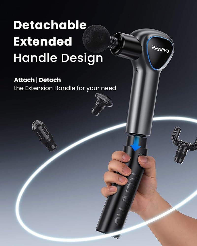 RENPHO Reach Massage Gun with Detachable Extension Handle – LED Touch Display, 5 Speeds, 4 Heads (C007, Black) thumbnail 2