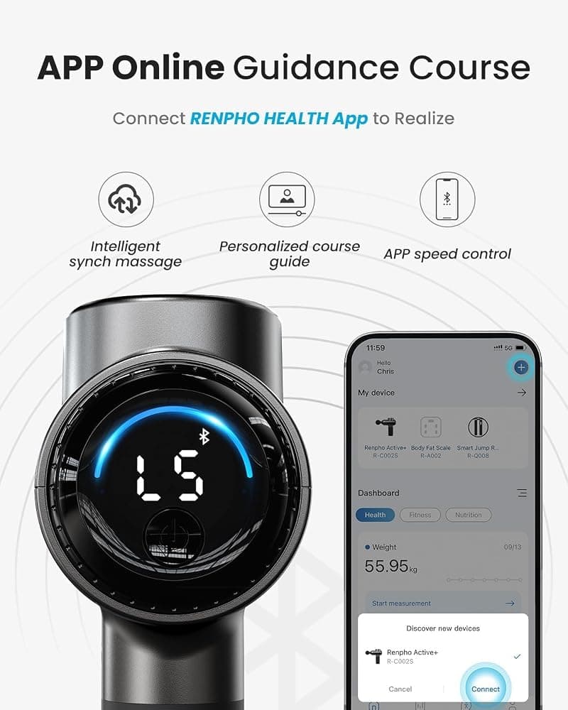 RENPHO Smart Massage Gun with App and Bluetooth – 5 Speeds, 5 Heads, 10mm Amplitude, Carry Case (R-C002S) thumbnail 2