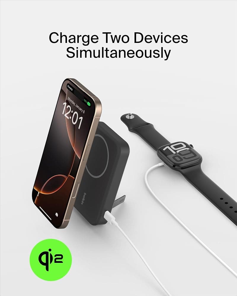Belkin BoostCharge Pro Qi2 15W Magnetic Power Bank 8,000mAh with Pop-up Kickstand (MagSafe Compatible, Black) thumbnail 3