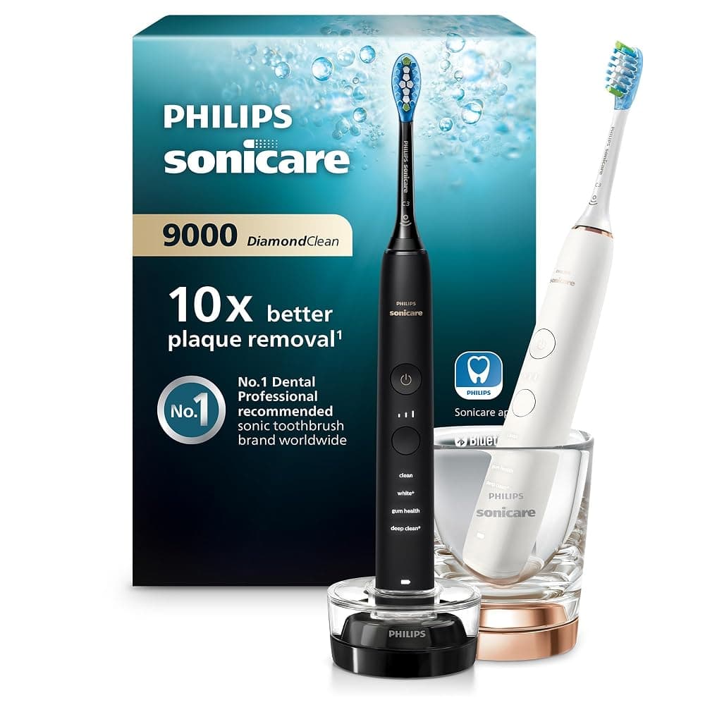 Philips Sonicare DiamondClean 9000 Dual Pack: 2 Sonic Electric Toothbrushes with App, Charging Glass and Stand (Black & Rose Gold, HX9914/57)