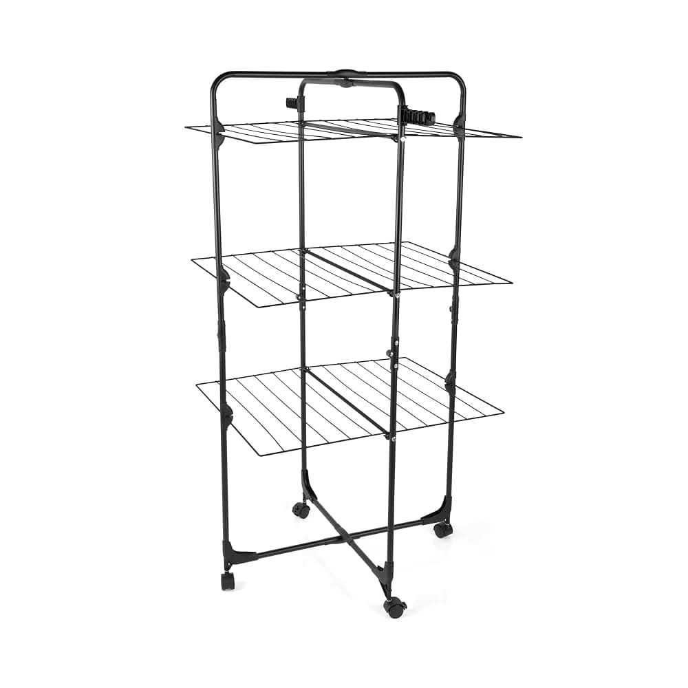 Beldray 30 Metre 3-Tier Tower Airer – Foldable Carbon Steel Clothes Drying Rack with Locking Wheels and 10 Hanger Holes (White)