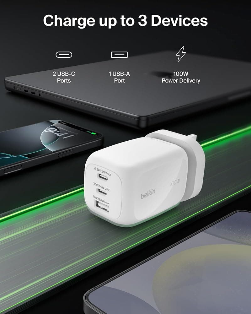 Belkin 100W 3-Port GaN Wall Charger (2 x USB-C, 1 x USB-A) with Interchangeable UK, EU and US Plug Tips – White thumbnail 2