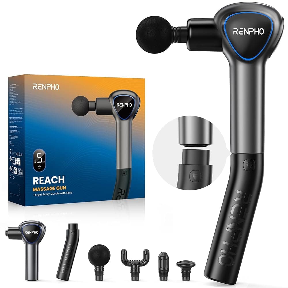 RENPHO Reach Massage Gun with Detachable Extension Handle – LED Touch Display, 5 Speeds, 4 Heads (C007, Black) — view 1