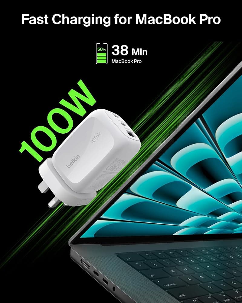 Belkin 100W 3-Port GaN Wall Charger (2 x USB-C, 1 x USB-A) with Interchangeable UK, EU and US Plug Tips – White thumbnail 3