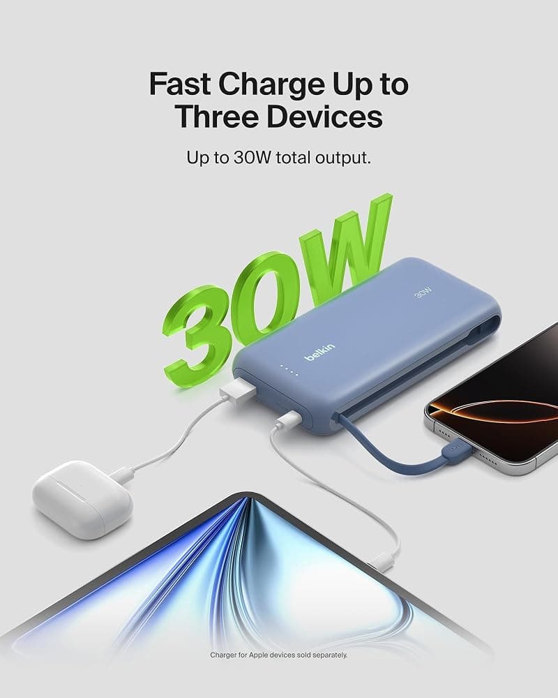 Belkin BoostCharge 20,000mAh Power Bank with Integrated USB-C Cable – 30W, 3 Devices (Blue, BPB024) thumbnail 3