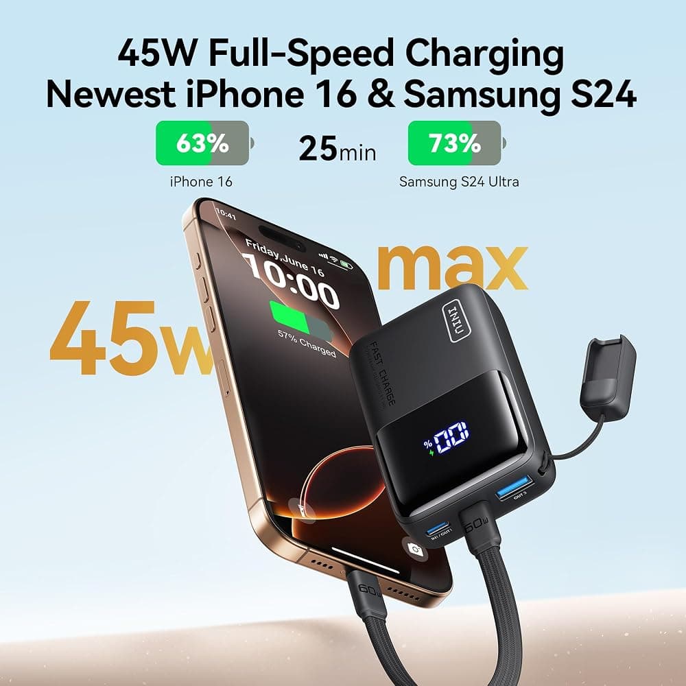 INIU Ultra Mini 10,000mAh 45W Power Bank – USB-C PD, 3 Ports, Detachable USB-C Lanyard Cable thumbnail 3