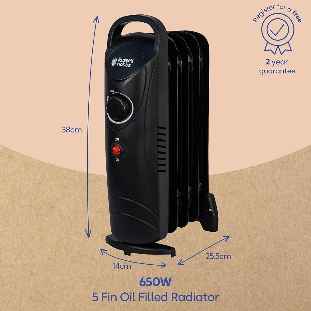 Russell Hobbs 650W 5-Fin Oil Filled Radiator with Adjustable Thermostat, Black (RHOFR3001) thumbnail 2