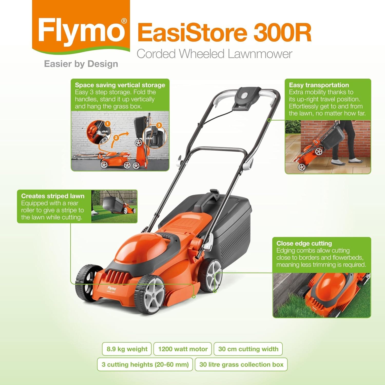 Flymo EasiStore 300R 1000W Electric Rotary Lawn Mower with Rear Roller & Vertical Storage thumbnail 2
