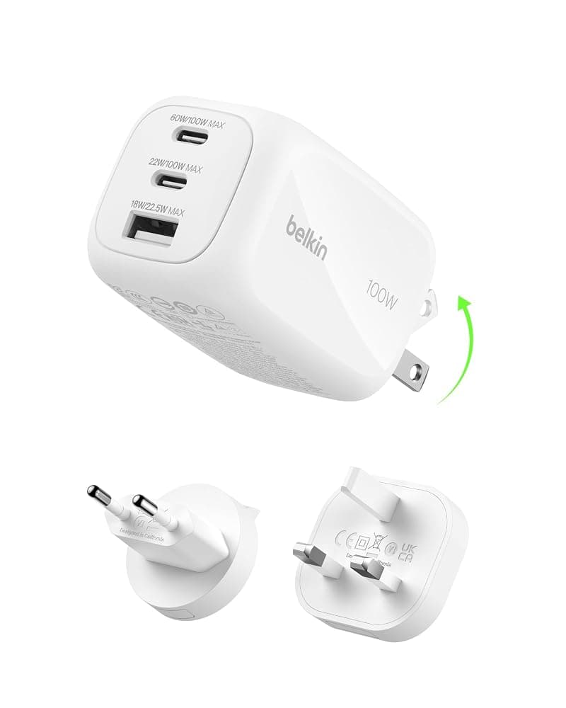 Belkin 100W 3-Port GaN Wall Charger (2 x USB-C, 1 x USB-A) with Interchangeable UK, EU and US Plug Tips – White